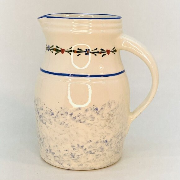 Jo-Chen Blue White Pottery Pitcher Hand Painted Blue Trim Red Hearts USA - Picture 8 of 10